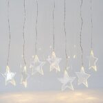 Κουρτίνα, 8 Led 5mm, με αστέρια 11cm, 4,5V με μετασχηματιστή, επέκταση έως 3, διάφανο καλώδιο, θερμό λεύκο Led, 60x100cm, προέκταση παροχής 3m, IP44